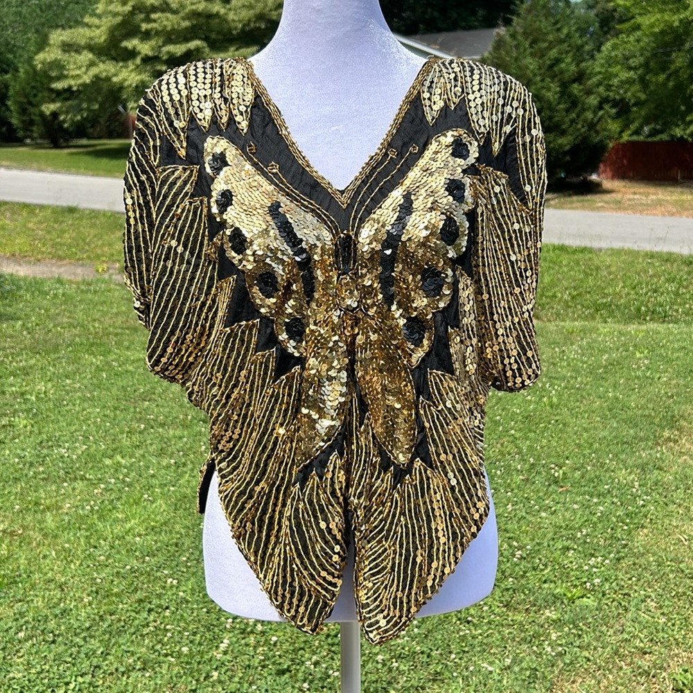 Small  Vintage Gold Sequin Butterfly Top